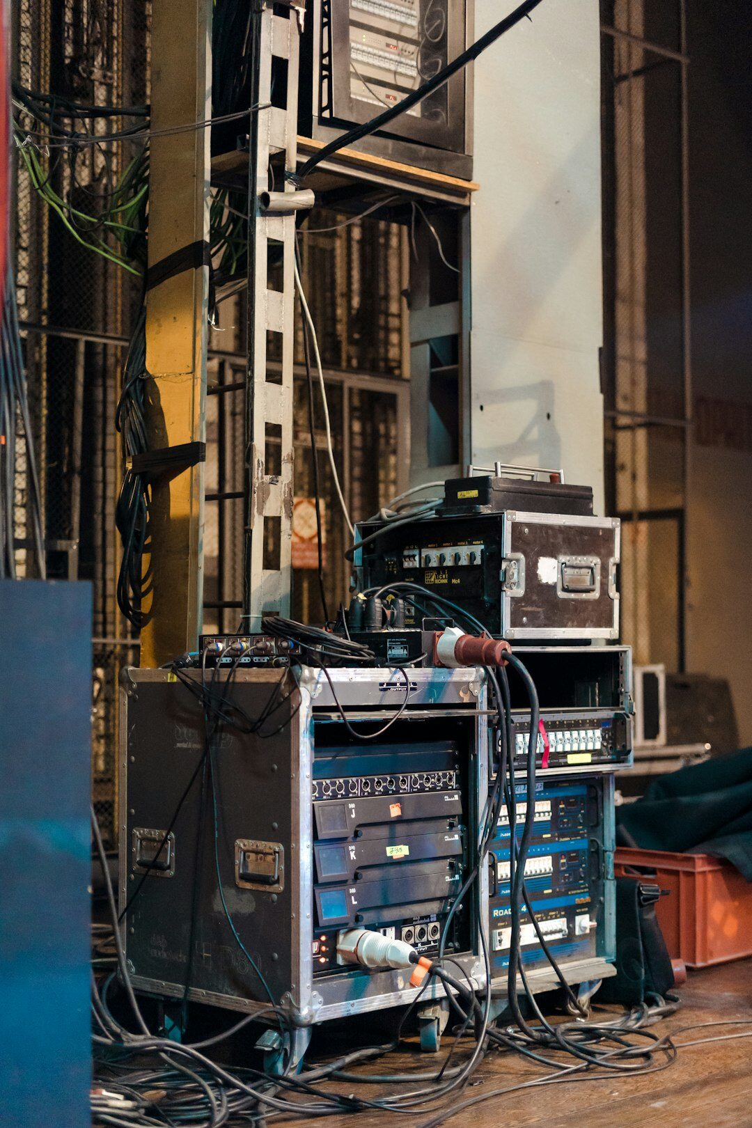 Outside broadcast van equipment with cables and racks for live production